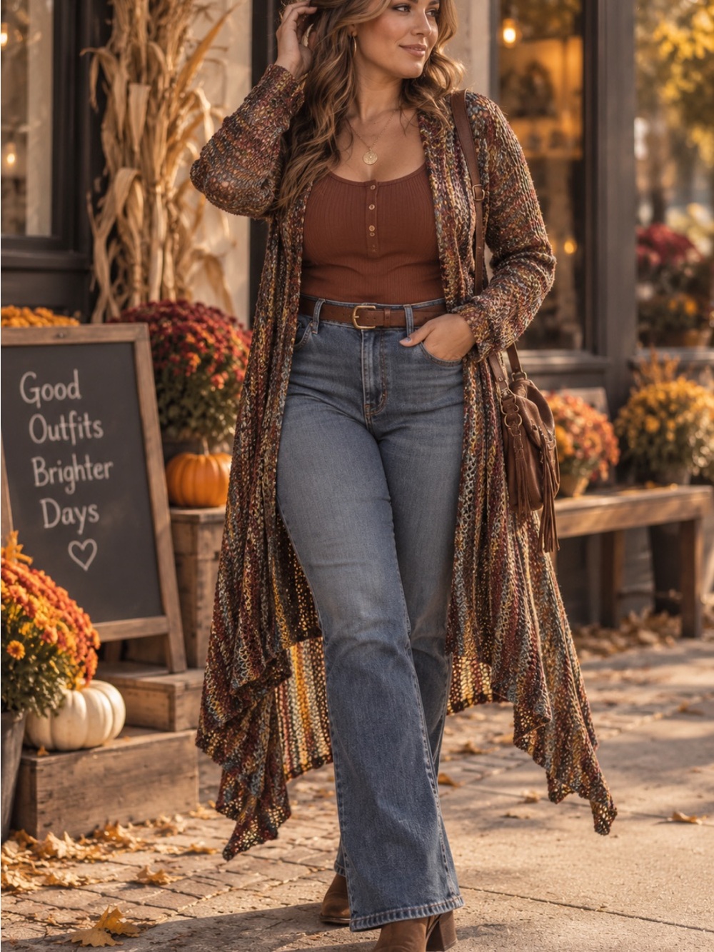 Kaktus Multicolor Knit Duster Cardigan with Brown Accents